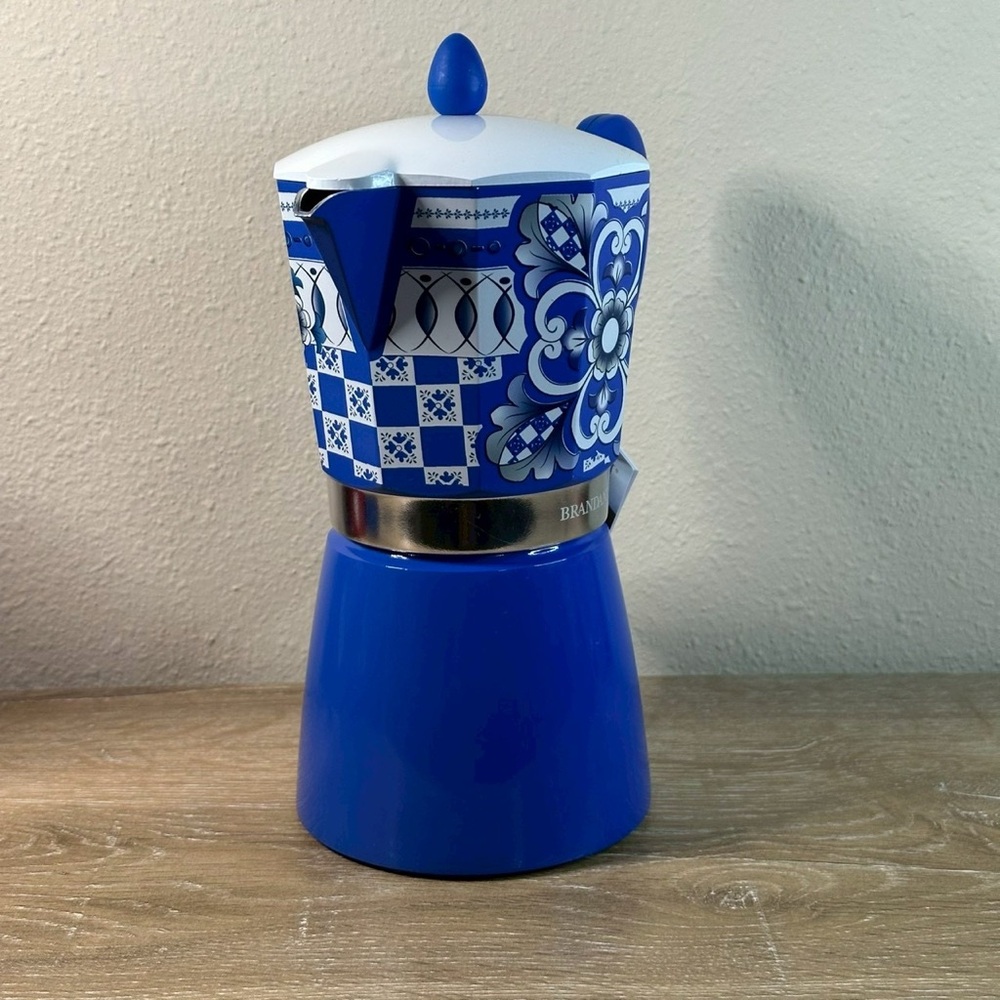 Brandani 9 Cup Italian Coffee Maker Aluminum Moka Pot Sicilian Pattern Blue - Picture 3 of 7